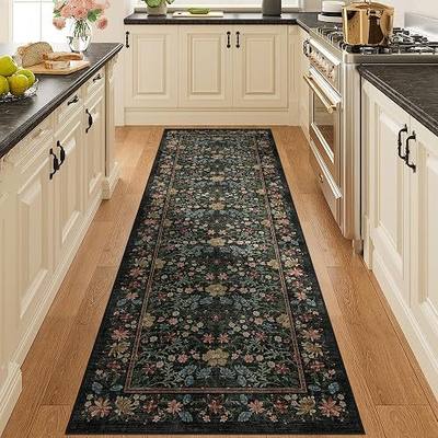 DUKINO 2x6 Runner Rug, Washable Vintage Floral Kitchen Rug, Black | Non Slip, Low Pile, Stain Resistant Boho Soft Throw Carpet Runner for Hallway Bathroom Laundry Bedroom Entryway, Non-Shedding