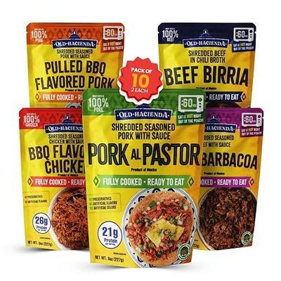 Old Hacienda 10-Pack Variety | 2 Each of Beef Barbacoa, Beef Birria, Pork al Pastor, BBQ Flavored Chicken & Pulled BBQ Pork | Fully Cooked & Ready to Eat |No Preservatives | BPA Free Pouches -8oz Each