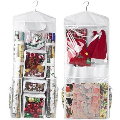 Wrapping Paper Organizer, Double-Sided Hanging, Over Door Gift Wrap Storage with Multiple Pockets, Side Pockets, Elastic Straps, Organize Ribbons, Bows, Tools, Space-Saving Closet,Cabinet Design,White