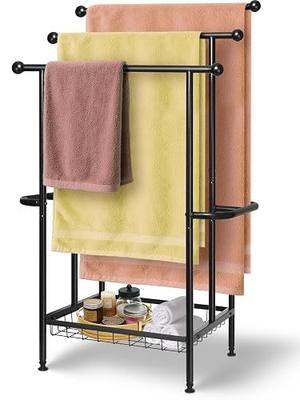 Haturi Free Standing Towel Rack for Bathroom, 3-Tier 39" H Black Metal Towel Drying Rack with Storage Basket, 24.4" L x 13" W x 39" H Rust-Resistant Outdoor Holder for Pool & Oversized Towels