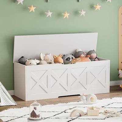 Homleke 47.2" Extra-Large Wooden Storage Chest, Farmhouse Storage Bench | Toy Box with Safety Hinge, Easy Assembly, for Bedroom, Living Room & Entryway, White