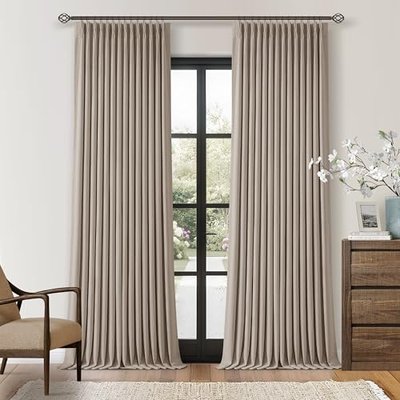 Snow White Pleated Linen Blackout Curtains 84 Inches Long for Bedroom Living Room Pinch Pleat Black Out Thermal Insulated Ring Hooks Back Tab Room Darkening Elegant Drapes Window Curtains with Liner