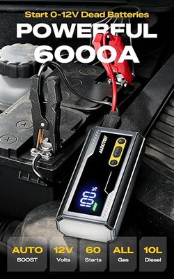 AUXITO 6000A Jump Starter, 12V Car Battery Jump Starter, Up to All Gas & 12L Diesel Engine with LED Display, Portable Jump Box with 3 Modes Flashlight and Jumper Cable, Storage Case