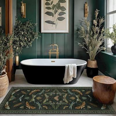 Hazo Haus Dark Green Insect 2x5 Bathroom Runner Rug - Washable Non Slip Runners for Kitchen, Laundry Room, Front Door Mat Entrance, Nature Floral Indoor Floor Décor, Thin Low Pile with Rubber Backed