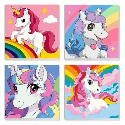 MXJSUA 4 Pack Cute Unicor Paint by Numbers Kit with Framed Canvas for Ages 6-12 Kids, Paint by Numbers Kits for Children Beginners, Acrylic Oil Painting for Home Wall Decor Gift (8x8 inch)