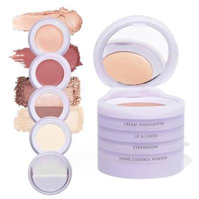 Subtl Beauty 4-in-1 Travel Makeup Kit by Subtl Staks - Eyeshadow Duo, Shine Control Powder, Cream Highlighter, Lip and Cheek - Includes Mirror Lid and Mini Brush - Stackable Makeup Designed for Travel