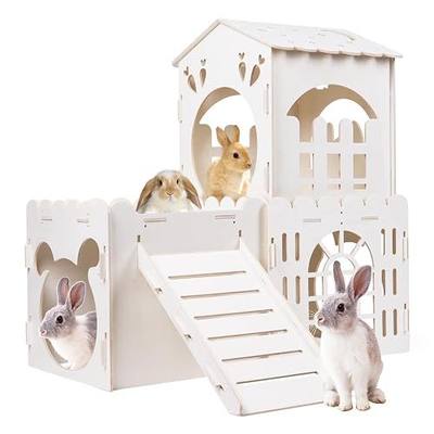 Large Rabbit House, Wooden Bunny Castle with 3 Houses Indoor, Rabbit Guinea Pig Cage Multistory Climbing Tower Sturdy Wooden Castle, Small Animal Hideaway Tunnel