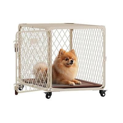 Diamond Mesh Dog Crate for Small Dogs, 30 Inch Metal Dog Kennel with Lockable Wheels, up to 70lbs, Double Secure Latch Dog Cage with Removable Tray, Durable & Easy to Assemble, Beige