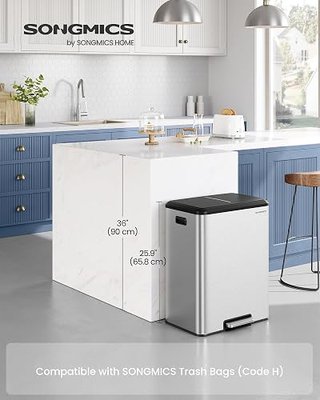 SONGMICS Trash Can, 2 x 8 Gallon (2 x 30 L) Double Garabge Can for Recycling and Waste, Stainless Steel, Soft-Close Lid, Inner Buckets, Wide Sturdy Pedal, Metallic Silver ULTB556E01