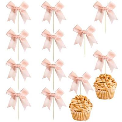 Ephlyn 24Pcs Pink Bow Cupcake Toppers Pink Bow Cake Topper Birthday Decorations, Mini Bowknot Cupcake Picks for Coquette Theme Party Decoration Bachelorette Bridal Engagement Wedding Party Peach Pink