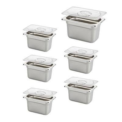 HECMAC 6 Pack 1/9 Size 4 Inch Deep Anti-Jam Hotel Pan with Clear Plain Lid, Heavy Duty, Commercial Stainless Steel Pan, Metal Food Pan, 23 Gauge