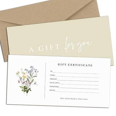 Blank Gift Certificates with Envelopes, 3.5" x 7.25" Blank Gift Certificates for Business, Salon, Spa, Birthday, Mother’s Day or Holiday Gifting, 25 Custom Cards (Floral)