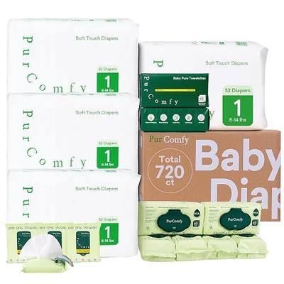 PurComfy Baby Diapers and Wipes Kit, Size 1, Baby Wipes, Baby Dry Wipes | Includes Size 1 (208Ct), 6 Pack (360Ct) Baby Wipes, 2 Pack (120Ct) Dry Wipes, 4 Pack Tavel Wipe, Total 720 Ct, Plant Based