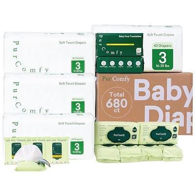 PurComfy Baby Diapers and Wipes Kit, Size 3, Baby Wipes, Baby Dry Wipes | Includes Size 3 (168Ct), 6 Pack (360Ct) Baby Wipes, 2 Pack (120Ct) Dry Wipes, 4 Pack Tavel Wipe, Total 680 Ct, Plant Based