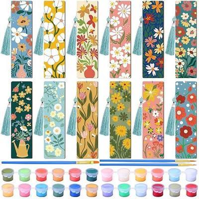 Kosiz 12 Pcs Butterfly Flowers Theme Paint by Numbers Kit for Adults Wood Bookmark Painting Decor Mini Paint by Numbers Kit Tassels Blank Bookmarks Craft for Small DIY Book Lovers Gift 7x2 ''