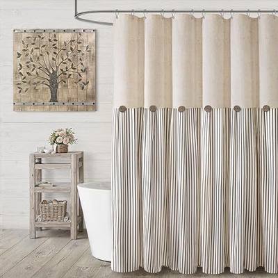 Farmhouse Shower Curtain Linen Beige Button Woven Fabric Country Rustic Western, Pleated Brown Stripe 72" W x 72" L