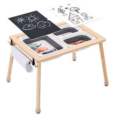 WOOD CITY Sensory Table for Toddlers Kids, Wooden Activity Table for Play Study Paper Roll Holder Indoor/Outdoor Montessori Play Sand and Water Table with Foldable Toys Storage Bins