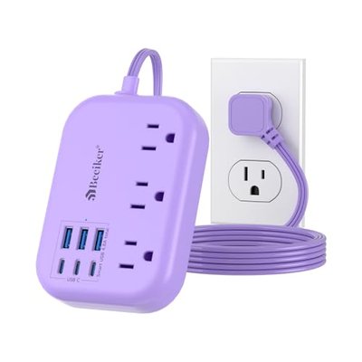 6 USB (3 USB C) Purple Travel Power Strip, 5Ft Extension Cord, 3 Outlets