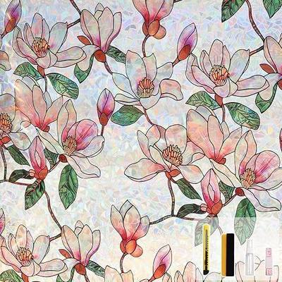 Kromapolis Window Privacy Film, Stained Glass Sticker Floral Window Clings, Decorative Static Clings UV Blocking Colorful Decals, Removable Vinyl Covering Rainbow Magnolia Flowers, 17.5'' x 78.7''
