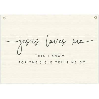 Jesus Loves Me Christian Bible Verse Scripture Nursery Canvas Banner-Rectangular Flag Sign for Baby Boy Girl Kids,Bedroom Playroom Decoration-Baby Shower Baptism Christmas Gift