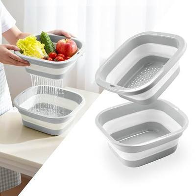SINGARO 1.5 Gal (5.5L) Collapsible Dish Basin with Drain Basket Colanders, Multiuse Double-Layer Foldable Strainers Sink Tub, Collapsible Wash Basin Pan, Plastic Tubs, Dishpan, Kitchen Sink, Grey