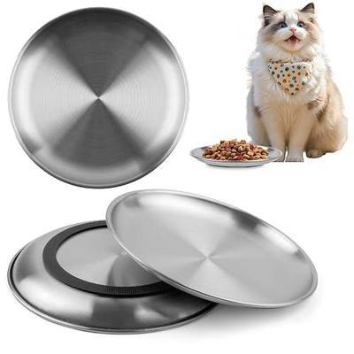 3 PCS Stainless Steel Cat Food Bowl Dish, 6.7" Shallow Flat Wide Cat Plates | for Wet or Dry Food, Relief Whisker Fatigue, Removable Non-Slip Silicone Base, Replacement for Feeding Small Pet Kitten