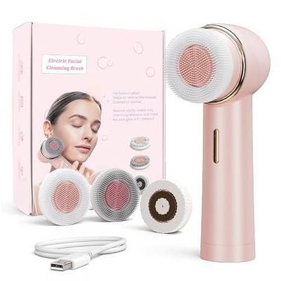 Electric Facial Cleansing Brush for Teen Girls, Rechargeable Waterproof Dual Rotating Face Scrubber with 3 Interchangeable Heads, Soft Silicone Face Brush, Pink