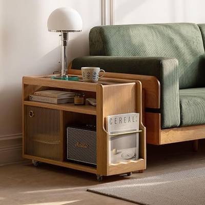 Solid Wood Narrow Side Table with Storage, End Table with Magazine Rack & Glass Door Cabinet, Small Couch Side Table for Living Room, Narrow Nightstand for Bedroom, No Assembly