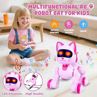 Robot Cat Interactive Toys for Girls: Remote Control Electronic Pink Kitty Pet for Kids Age 3-5 4-6 Gifts for 3 4 5 6 7 8 Year Old Girls RC Toys with Touch Sensing Gestures Birthday Gift Ideas