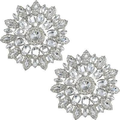 PEARLY JUN 2 Pcs Silver White Rhinestone Applique Flower Crystal Patches | Trim Clothing Diamond Embellishments for Bridal Wedding DIY Dresses Fabric Accessories
