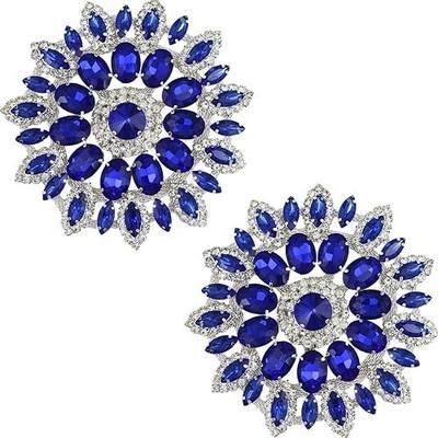 PEARLY JUN 2 Pcs Blue Silver Rhinestone Applique Flower Crystal Patches | Trim Clothing Diamond Embellishments for Bridal Wedding DIY Dresses Fabric Accessories