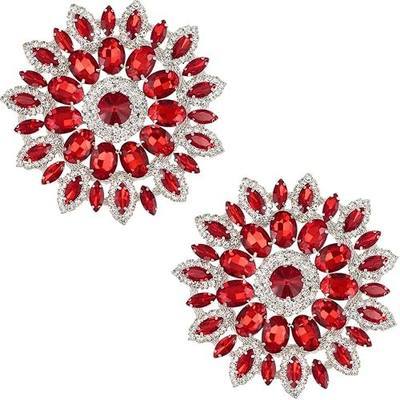 PEARLY JUN 2 Pcs Red Silver Rhinestone Applique Flower Crystal Patches | Trim Clothing Diamond Embellishments for Bridal Wedding DIY Dresses Fabric Accessories