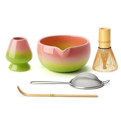 Joiish Matcha Whisk Set, 5-PC Gradient Matcha Kit, Pink-Green | Ceramic Bowl with Spout (18oz), Bamboo Whisk, Stainless Sifter, Scoop & Chasen Holder, Complete Macha Tea Ceremony Tools Gift