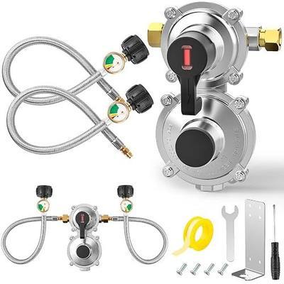 2-Stage Auto Changeover LP Propane Regulator with Gauge, 18-inch Stainless Steel Braided QCC1 Hose, 3/8" NPT Female Outer, for RV Trailers Campers