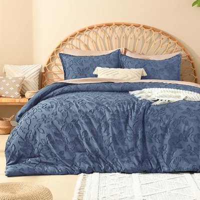 Litanika King Size Comforter Set Beige, 3 Piece Cream Boho Tufted Bedding, Fluffy Farmhouse Bed Set for All Season with 2 Leaf Pattern Pillowcases(104x90In)