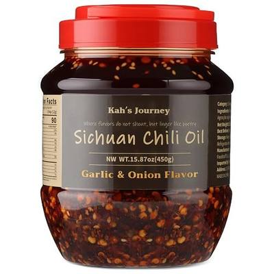 Kah's Journey Chili Oil - 15.87oz (450g) Spicy Chili Crisp with Crunchy Garlic and Onion Flavor, Vegan, Sugar Free Chili Sauce | Vegan Chili Oil with Fresh Crispy Garlic, Shallots & Hot Chili Peppers, Good on Noodles, Meats, Veggies & Everything