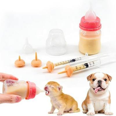 Pet Feeding Bottle and Syringe Set for Puppies and Kittens(1 Bottles,2 Syringes,6 Nipples), Pink