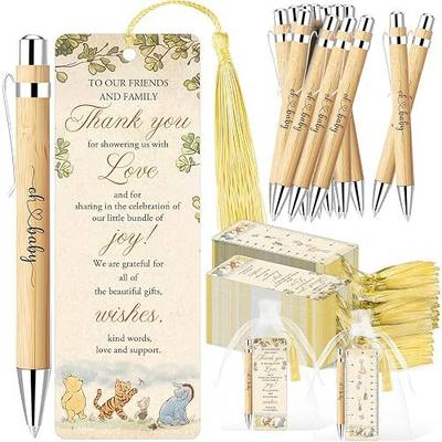 Xendelow Winnie Baby Shower Favors Set, Includes 30 Baby Shower Ballpoint Pens 30 Winnie Thank You Bookmarks 30 Organza Bags for The Pooh Gender Reveal Gifts Guest Prizes, Winnie Gifts for Guests