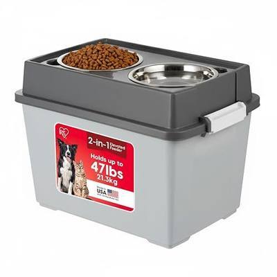 IRIS USA Dog Bowls Elevated with Storage, 15" H Raised Feeding Station, Dog Bowl Stand with Airtight Food Storage Holds 47 lbs, 2 Removable 64 oz Stainless Steel Bowls for Large Dogs, Gray/Dark Gray