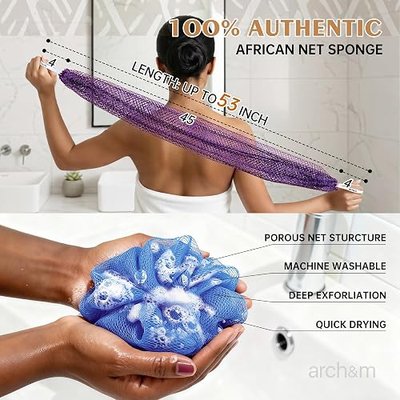ARCH&M African Net Sponge Authentic with Knots, 2 Pack 53" Extra-Long | Back & Body Scrubber for Women and Men, Exfoliating Shower Loofah Bath Sponge for Daily Use, Travel-Friendly Spa Gift