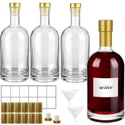 TBWIND 4 Pack 25oz/750ml Clear Glass Bottles with T-Top Cork Stoppers | Thick heavy base airtight wine & liquor bottles. Ideal for beverages, whiskey, oil, vinegar, wedding favors & crafts