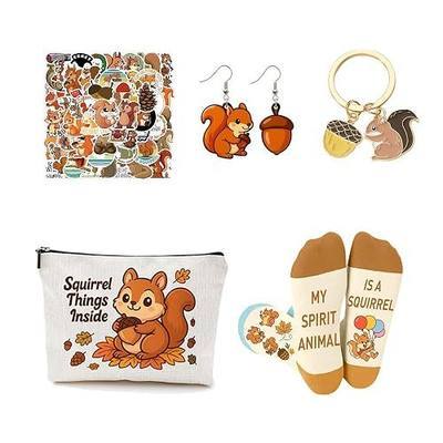 Squirrel Gifts Set Includes Squirrel Funny Gifts Sock, Makeup Bag, Stickers,Earrings