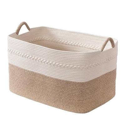 Extra large laundry basket woven from natural cotton rope with handles storage blankets for living rome big decorative quilted baskets for clothes toys pillows hamper 24"x16"x14" white/brown