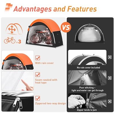 Upgraded Bike Tent with Rain Cover, Outdoor Storage Shed for 2-3 Bikes | 210D Oxford Fabric PU4000 Waterproof, Bike Shed/Bike Cover for Motorcycles, Garden Tools, Lawn Mower