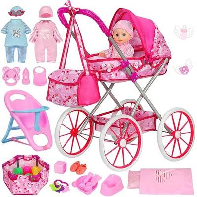 DRAMATION Baby Doll Stroller Set for Girls 3-5, 4-6 | Foldable Doll Stroller Toy with 11" Doll, Playpen, Dining Chair, 24 PCS Baby Doll Accessories, Gift for Girls 3-5 4-6