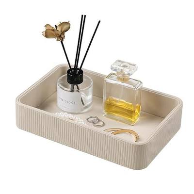 PU Leather Valet Tray Organizer, Modern Nightstand Organizer Bedside Desktop Storage for Womens and Men, Decorative Perfume Trinket Catchall Vanity Tray for Key Watch Wallet (Beige)