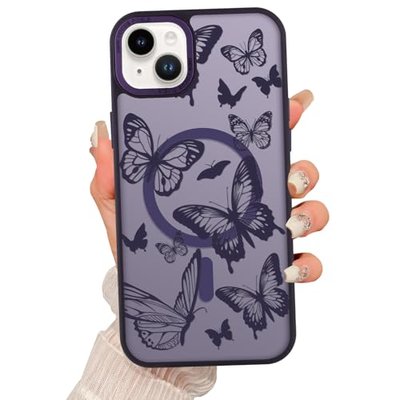 Fsoole Magnetic for iPhone 14 Case for Women, Dark Purple Butterfly