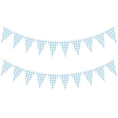 2 Pcs Gingham Banner Checkered Banner Triangle Bunting Decoration Double Sided Gingham Pennant Flags for Picnic Wedding Christmas Outdoor Birthday Party BBQ Decoration(Blue and White)