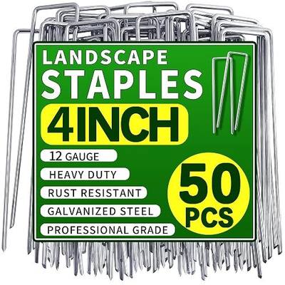 50 Pack Landscape Staples 4 Inch Garden Stakes Galvanized Garden Staples Pins Anti-Rust Ground Stakes for Weed Barrier, Irrigation Tubing, Landscaping Fabric, Yard Lawn