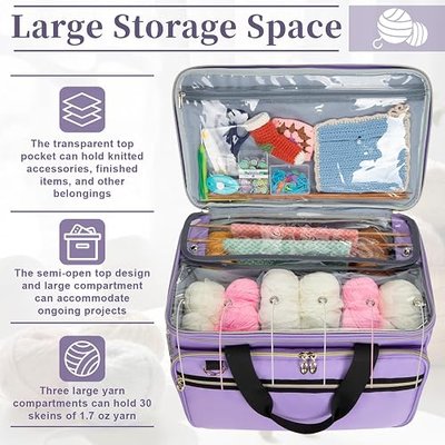Anitor Large Crochet Bag Knitting Bag Yarn Storage Tote, Yarn Bag with Clear Top Lid, Unfinished Project Compartment, 6 Yarn Holes. Holds Knitting Needles, Crochet Hooks, Yarn, Purple, (Bag Only)
